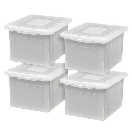 IRIS USA File Box, Plastic File Organizer with Lids for Letter/Legal File, Portable Document Box For Moving, Storage Bin with Durable and Secure Lid, Stackable Nestable BPA-Free, Pearl 35 Qt. 4 Pack