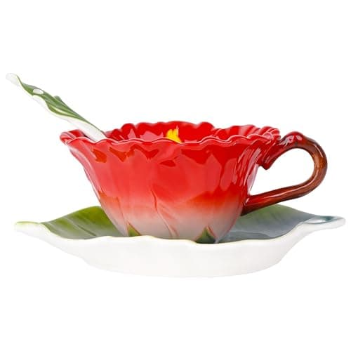 Philo Fun Hibiscus Flower Tea Cup and Saucer Set 6 Oz, Enamel Flower Porcelain Coffee Cup Saucer Set with Spoon for Women, Hand Crafted Tea Set (Hibiscus)