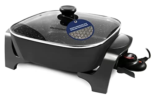 Elite Gourmet EG6201 Extra Deep 12"x12"x3.2" (7.5Qt.) Scratch Resistant Dishwasher Safe, Non-stick Electric Skillet with Glass Vented Lid, Adjustable Temperature, Black
