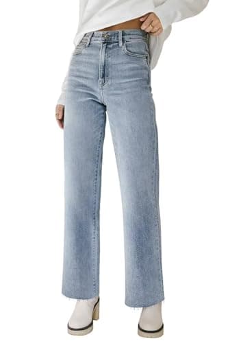 KDF Straight Leg Jeans for Women High Waisted Frayed Baggy Pants, Raw Hem, Loose, Stretchy Cropped Wide Leg, Light Blue, Size 8