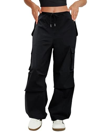 COPYLEAF Cargo Pants Women Low Waisted Parachute Pants with Pockets Loose Baggy Hiking Pants Y2K Clothes Black