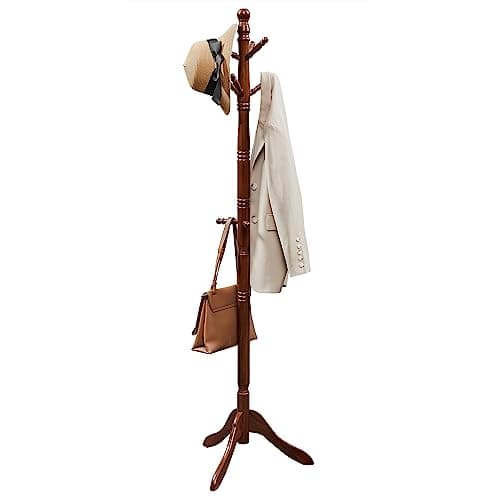 VASAGLE Solid Wood Coat Rack and Stand, Free Standing Hall Coat Tree with 10 Hooks for Hats, Bags, Purses, for Entryway, Hallway, Rubberwood, Dark Walnut URCR03WN