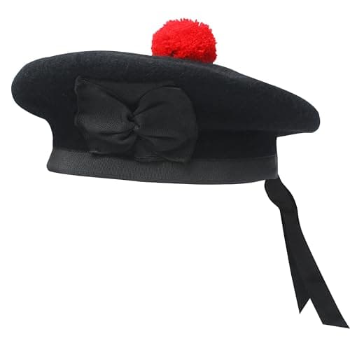 Balmoral Hat - Traditional Scottish Hat Highland Dress Cap with Red Pompom on Top (7 5/8 (UK 61), Plain Black)