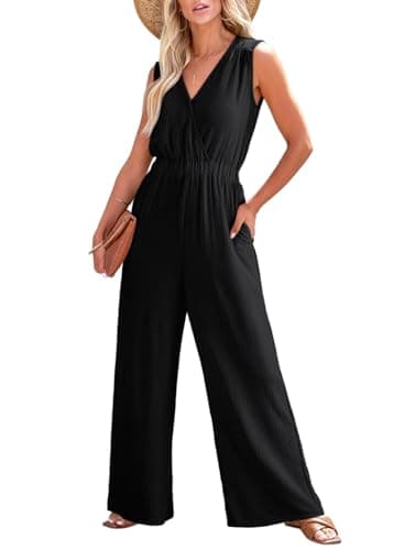 Dokotoo Jumpsuit for Womens Dressy Casual Wrap V Neck One Piece Sleeveless Long Romper Elastic Waist with Pockets Outfits for Summer,Black XX-Large