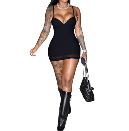 Sexy Black Bodycon Mini Dress for Women Sweetheart Neck Spaghetti Strap Mesh Tight Short Dresses for Party Club Night Out Outfits