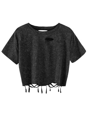 Remidoo Womens Distressed Tshirt Fringe Crop Top Ripped T Shirts Short Sleeve Vintage Acid Wash Tee Black Large