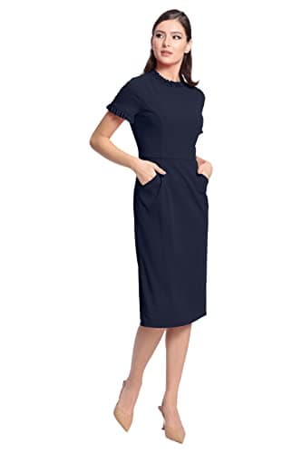 Maggy London Womens Ruffle Collar Slant Pocket Sheath Dress, Twilight Navy, 14 US