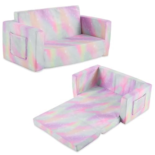 Karl home Comfy 2-in-1 Toddler Chair and Double Couch, Convertible Plush Fold Out Sofa to Lounger for Kids, Flip Open Sleeper for Playroom, Pink Tie Dye