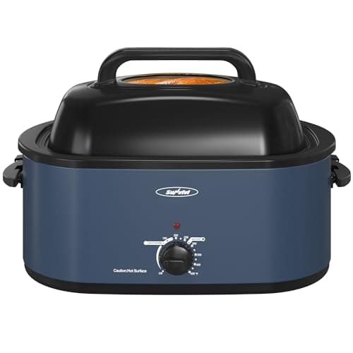 Sunvivi Roaster Oven, Electric Roaster Oven with Viewing Lid, 30lb 26-Quart Turkey Roaster with Unique Defrost/Warm Function, Large Roaster with Removable Pan & Rack, Stainless Steel, Blue