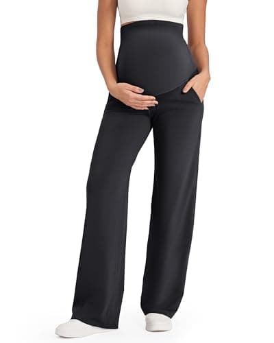 G4Free Maternity Pants with Pockets Over The Belly Pregnancy Leggings Wide Leg Yoga Pants for Business Casual (Black,L,Regular)