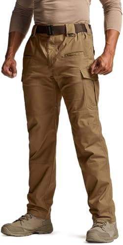 CQR Men's Flex Stretch Tactical Pants, Water Resistant Ripstop Cargo Pants, Lightweight EDC Outdoor Work Hiking Pants, Tac-Stretch Cargo Coyote, 32W x 32L