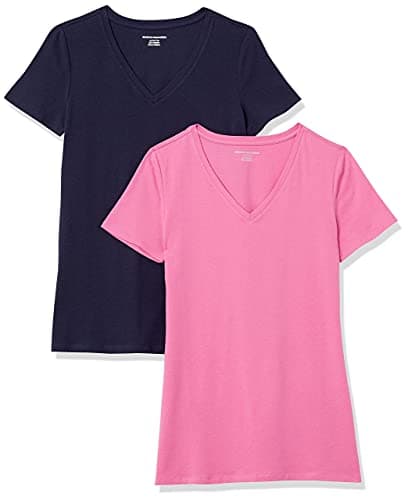 Amazon Essentials Women's Classic-Fit Short-Sleeve V-Neck T-Shirt, Pack of 2, Pink/Navy, X-Large