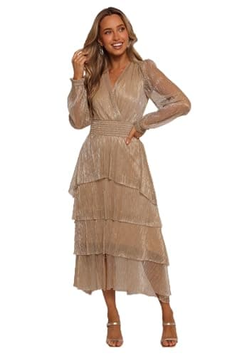 Petal & Pup Women's Cybil Pleated Tiered Midi Dress-Champagne Gold