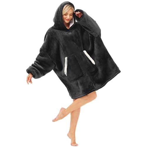 Kipswiza Oversized Sherpa Blanket Hoodie for Adult Women Men Teen - Thick Warm Wearable Hooded Sweatshirt Blanket Black