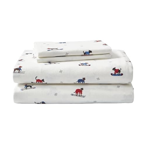 Eddie Bauer - Flannel Sheets Queen Size, Anti-Pilling & Wrinkle Resistant Cotton, Touchably Soft for All-Season Comfort - Bed Sheets with Matching Pillowcases & Fitted Sheet (Ski Patrol White)