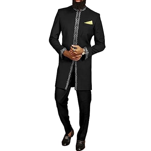 African Suit for Men Jacket and Trousers 2 Piece Set Dashiki Blazer with Kerchief Bazin Riche Kaftan Wedding Evening Black X-Large