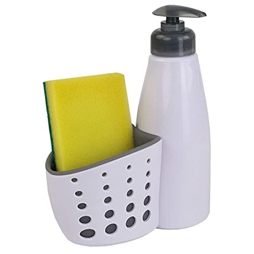 Countertop Soap Pump/Dispenser with Perforated Sponge Holder/Accessory Caddy, White - Sponge Included