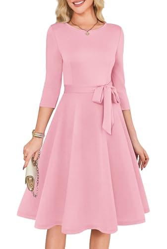 RUMIA Cocktail Dresses for Women 3/4 Sleeve Vintage Wedding Guest Dresses Tea Party Formal Dress Pink L
