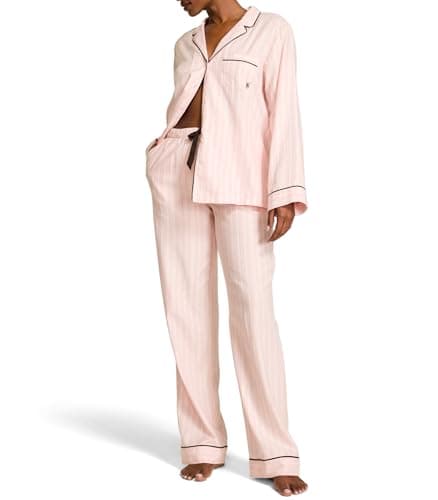 Victoria's Secret Flannel Pajamas, Long Sleeve Button Down & Pant Set, Sleepwear for Women, Pink Iconic Stripe, S