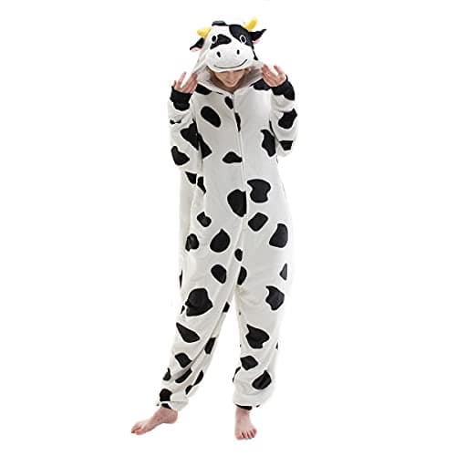 COSUEKET Snug Fit Unisex Adult Onesie Pajamas, Flannel Cow Animal One Piece Halloween Costume Cosplay Sleepwear Homewear