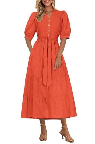 PRETTYGARDEN Women's Summer Midi Dress 2025 Casual Short Sleeve V Neck Buttons Belted Ruffle A Line Flowy Dress with Pockets (Orange,Small)