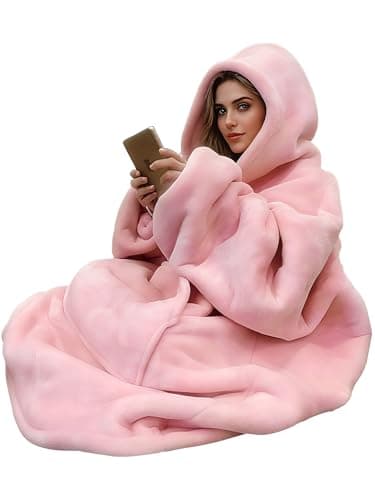 C hello cloud Oversized Hoodie Blanket, Wearable Blanket sweatshirt, Ultra Soft Sherpa Fleece Comfy Snuggle Hoodie, Gaint Fluffy Jumper Reversible, One Size Fits All Women Adults Men (Pink)