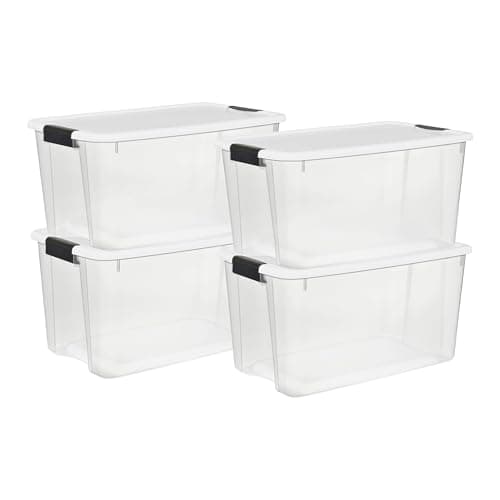 Sterilite 4 Pack Ultra Latching Box, Storage Bins with Lids, Clear Plastic, 70 Quart - Heavy-Duty Organizing Containers for Closet, Bathroom, and Office