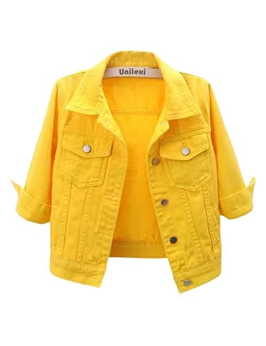 Unilexi Women's 3/4 Sleeve Colored Cropped Denim Jacket Light Wash Short Jean Jacket Trucker Coat(0096-Yellow-XL)