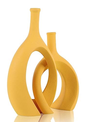WUBIANJIE Yellow Ceramic Vase - Modern Boho Decor, Mustard Yellow, Round, Anti-Slip Base, Perfect for Living Room, Bedroom, Bathroom