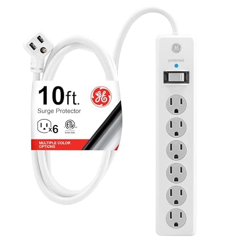 GE 6-Outlet Surge Protector, 10 Ft Extension Cord, Power Strip, 800 Joules, Flat Plug, Twist-to-Close Safety Covers, UL Listed, White, 14092