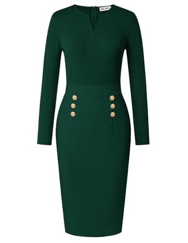 GRACE KARIN Women's 2026 Fall Henly V Neck Business Work Dress Long Sleeve Bodycon Midi Elegant Office Sheath Dress Dark Green Medium
