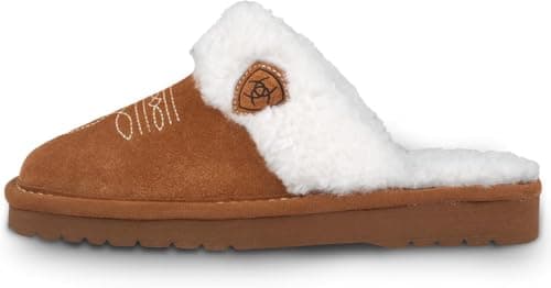 ARIAT Women's Jackie Square Toe Warm Soft Genuine Suede Leather Indoor Outdoor Slippers with Plush Collar, Chestnut, 8