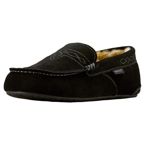 ARIAT Men's Clayton Moccasin Slippers - Durable Genuine Suede Warm Casual Stylish Indoor/Outdoor Shoes with Plush Boa Lining, Black, Size 10