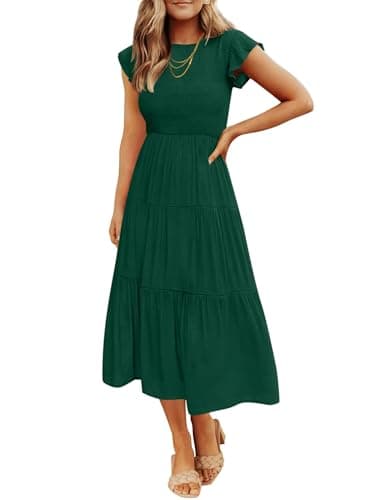 ZESICA Women's 2025 Summer Casual Flutter Short Sleeve Crew Neck Smocked Elastic Waist Tiered Midi Dress,Dark Green,Small