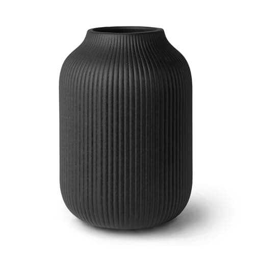 flature Ceramic Vase with Grooves - Waterproof Flower Vase in Matte Black for Fresh Flowers, Dried Flowers, Pampas Grass, Large 20cm High Vase as a Gift, Decoration for Living Room, Bedroom, Office.