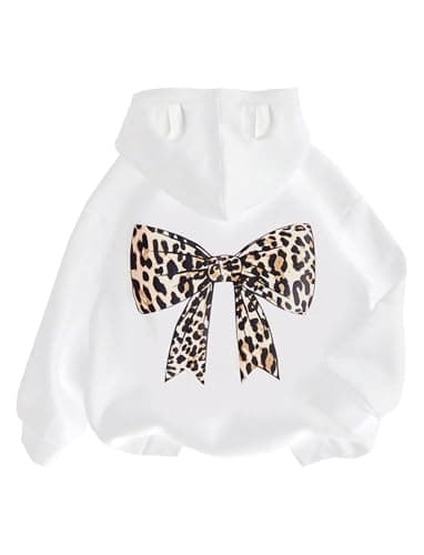 PATPAT Girls Graphic Hoodies Size 8-9 Years White Leopard Bow Print Long Sleeve Pullover Hooded Sweatshirt Cartoon Casual Fall Tops for Kids
