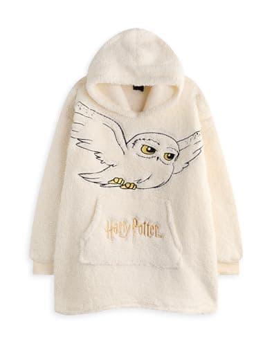 Harry Potter Womens Wearable Blanket Hoodie | Adults Fluffy Fleece Hooded Pullover Hedwig Owl Character | Lined Loungewear with Big Pocket
