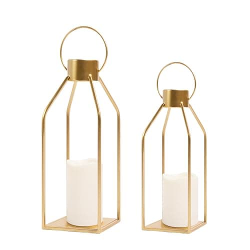 HPC Decor Modern Farmhouse Lantern Decor- Gold Metal Candle Lanterns for Christmas- Lanterns Decorative w/Timer Flickering Candles for Living Room, Home, Indoor, Outdoor, Table,Fireplace Mantle Decor