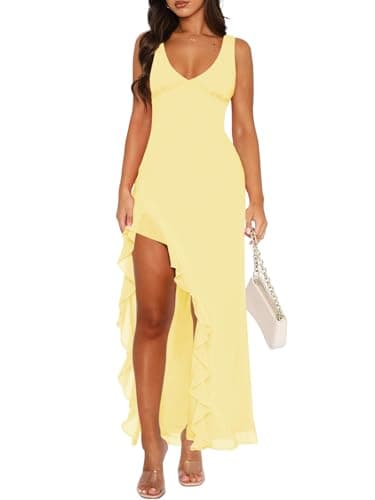 MIYIEONZ Women Sexy V Neck Sleeveless Mesh Ruffle Hem Bodycon Maxi Dress Casual Y2K Backless High Slit Cocktail Party Club Dress Yellow