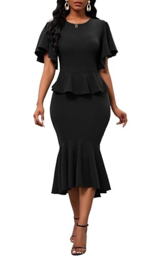 Ruffle Sleeve Fishtail Dress for Women Evening Elegant Cocktail Formal Peplum Midi Mermaid Dresses(Black Large)