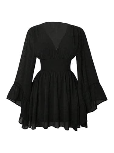 Milumia Women's Goth V Neck Long Bell Sleeve Mini Dress Smocked Cinched Waist Ruffle A Line Dresses Black Medium