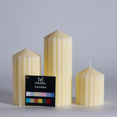 MOZEAL Hand-Poured Pointed Ribbed Soy Pillar Candles Set of 3 - Decorative Ivory Unscented Dripless Smokeless (4",6",8") 300 Hr Burn - Stylish Wedding Décor