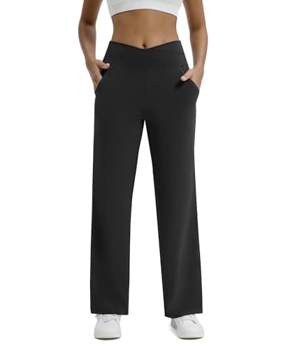 Maxbee Wide Leg Pants for Women Casual Work Pants Crossover High Waisted Yoga Pants with Pockets Black