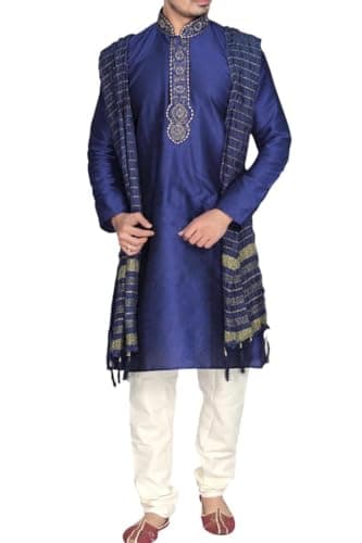 MKP9007 Blue and Ivory Men's Kurta Pyjama Indian Suit Bollywood Sherwani (46)