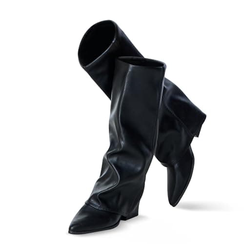 Knee High Boots Women, Fold Over Shark Boots Pointed Toe block heels Wide Calf，Minimalist Street Style Faux Leather Boots for Fall & Winter (Black, Adult, Women, 8.5, Numeric, US Footwear Size System, Medium)