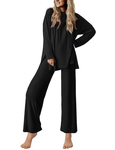 Ekouaer Lounge Sets for Women Long Sleeve Pajamas Fall Loungewear Soft Comfy Pjs Two Piece Travel Outfits Set,Black,M