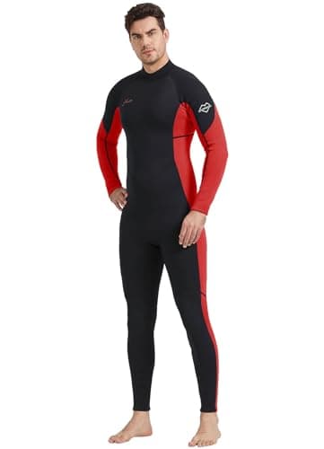 Hevto Wetsuits Men 3/2mm Neoprene Adult Long Sleeve Fullsuit Scuba Diving Wet Suit in Cold Water for Surfing Swimming Paddleboard (Men1-Red, L)