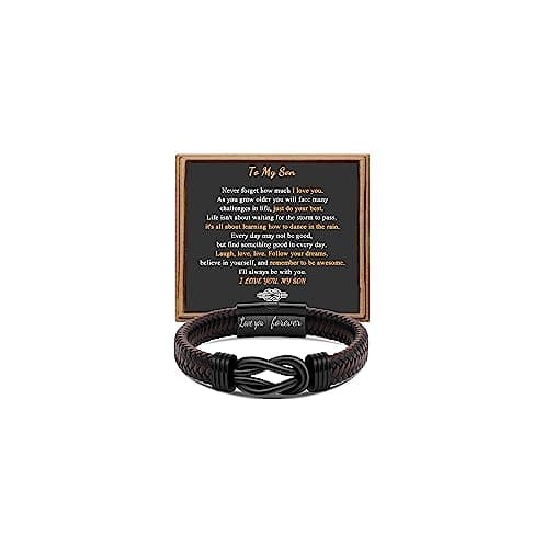 JoycuFF To My Son Bracelet from Mom Mens Bracelet Stocking Stuffers Birthday Christmas Gifts for Son Leather Braided Bracelets for Men Stainless Steel Clasp Funny Graduation Back to School Gifts
