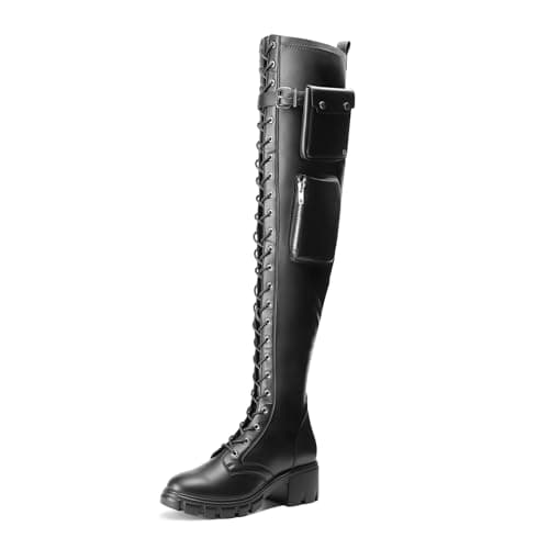 JustFab Thigh High Boots for Women Black Faux Leather Chunky Heel Over-the-Knee Boots with Pocket