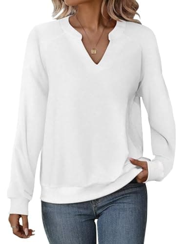 EADINVE Women Casual Long Sleeve V Neck Sweatshirts Cute Loose Fit Lightweight Pullover Tops White